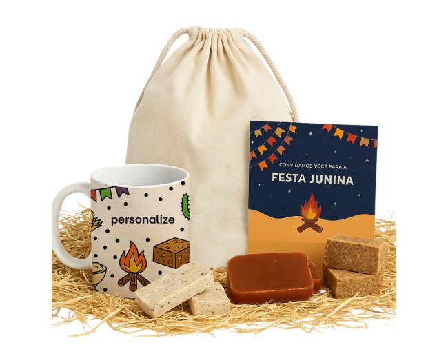 KIT JUNINO NO SAQUINHO COM CANECA PERSONALIZADA | LUKKA BRINDES